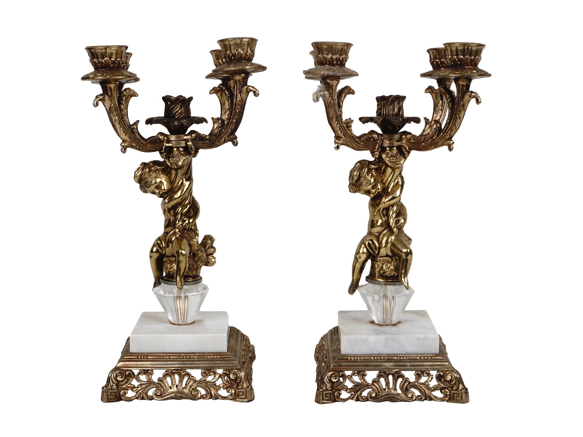 ANTIQUE CORNELL BRASS CANDELABRAS WITH CHERUB ANGELS PIC-2